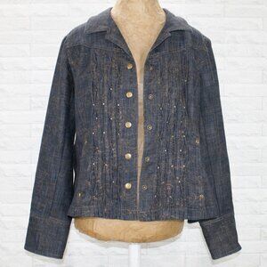 COLDWATER CREEK Jacket Denim Brushed Metallic Pintuck Studded Blue Plus Size 16